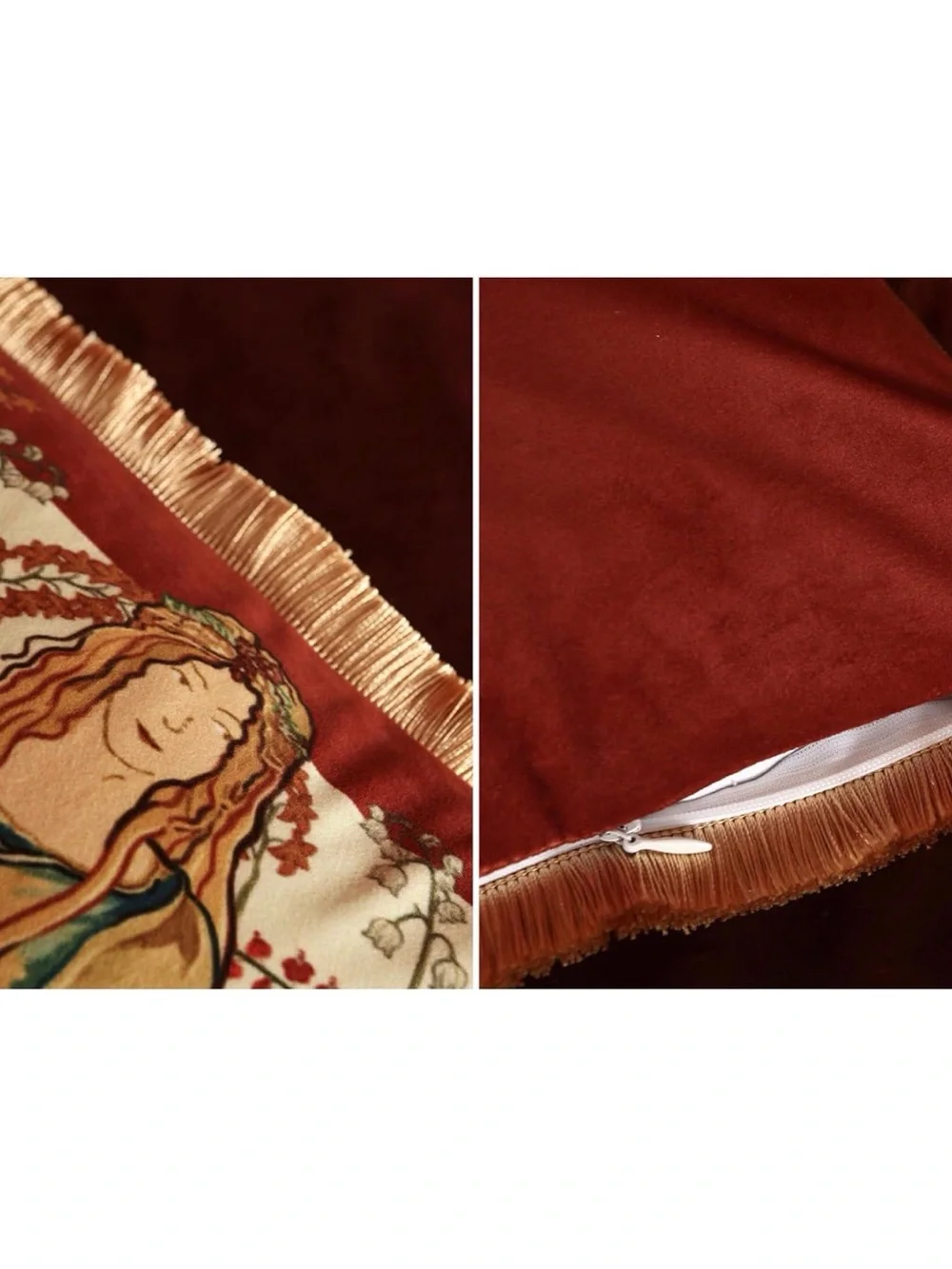Two NWOT Red Velvet Pillow COVERS Blue Burgundy Gold Art Nouveau Fairy Style